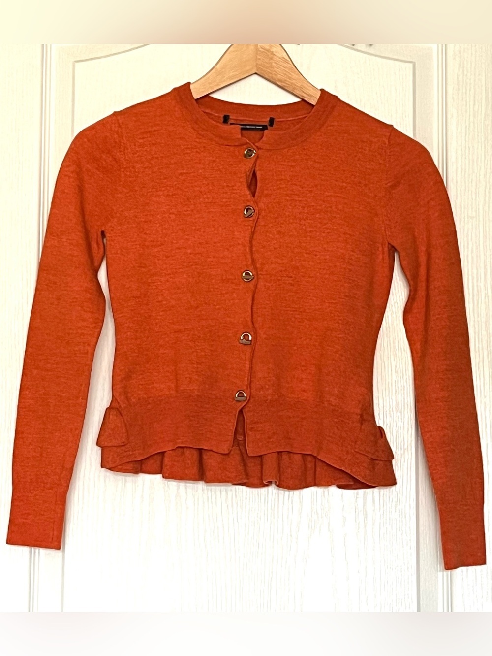 100% Merino Wool Peplum Cardigan Ruffle Sweater Rust Orange Size XS Coquette